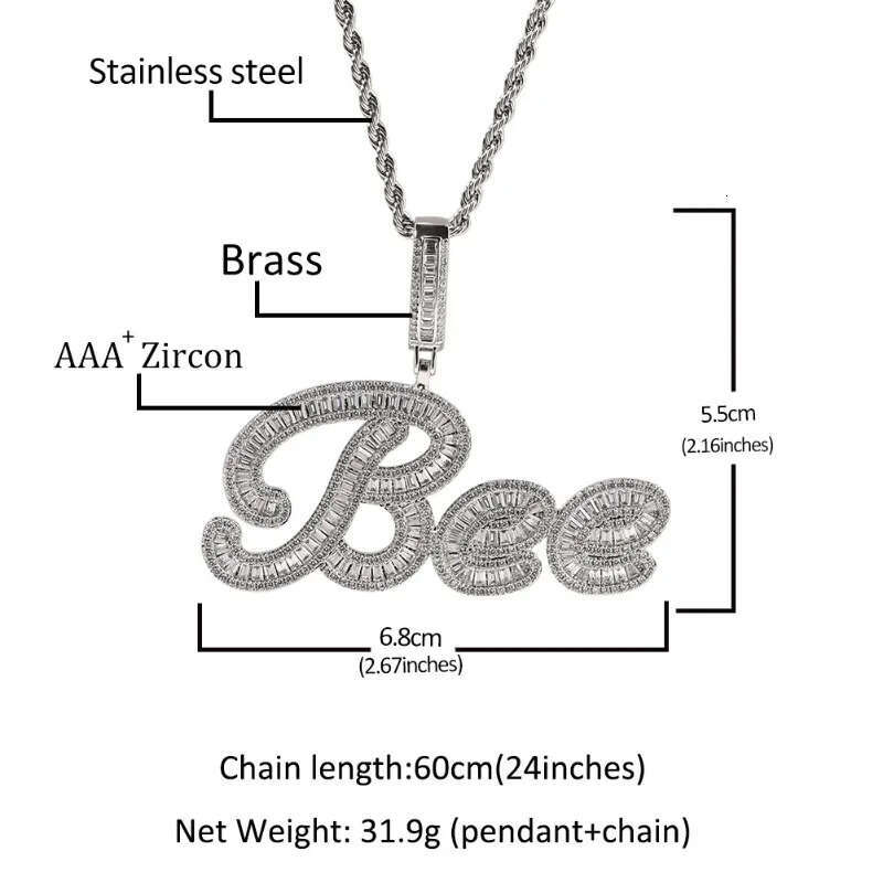 New Trendy Gold Plated Shiny CZ Stone DIY Custom Name Cursive Letter Pendant Necklace With 24inch Rope Chain