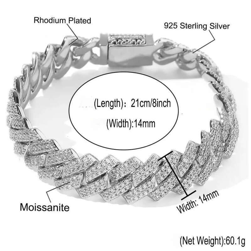 BES 14MM GRA Certificate Tester Sier Moissanite Jewelry Dia Cuban Link Chain Rapper Necklace Hip Hop