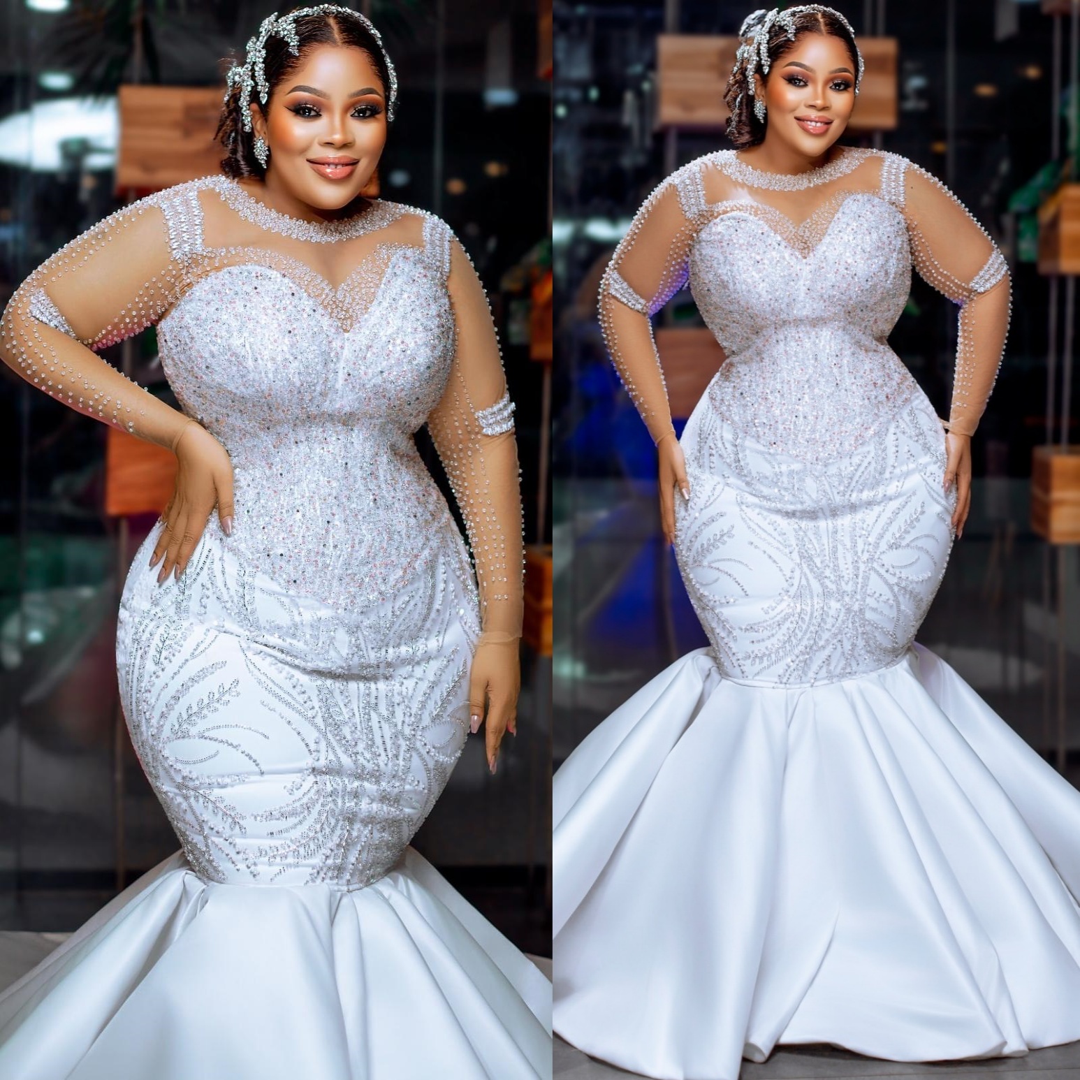 2025 Aso Ebi Plus Size Ivory Mermaid Wedding Dress Beaded Crystals Sequined Satin Sheer Neck Long Sleeves Bridal Gowns Dresses robe de mariee ZHJ045