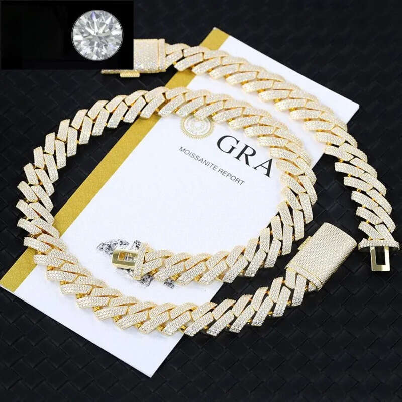 moissanite cuban k chain Hiphop 20mm Sier Yellow Gold Plated Vvsmoissnaite Cuban Chain Necklace man
