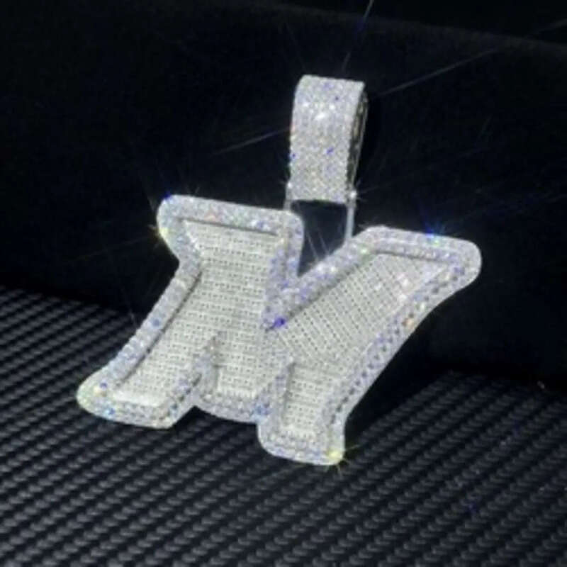 Necklace Iced Out Moissanite Dia Sier Round Mix Baguette Initial m Letter Pendant with 8mm Cuban Chain
