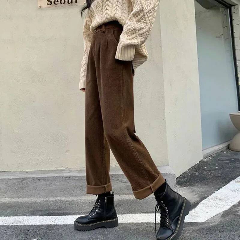 Vintage Corduroy Wide Leg Women High Waist Pockets Baggy Trousers Streetwear Korean All Match Black Casual Straight Pants dongdumaoyi