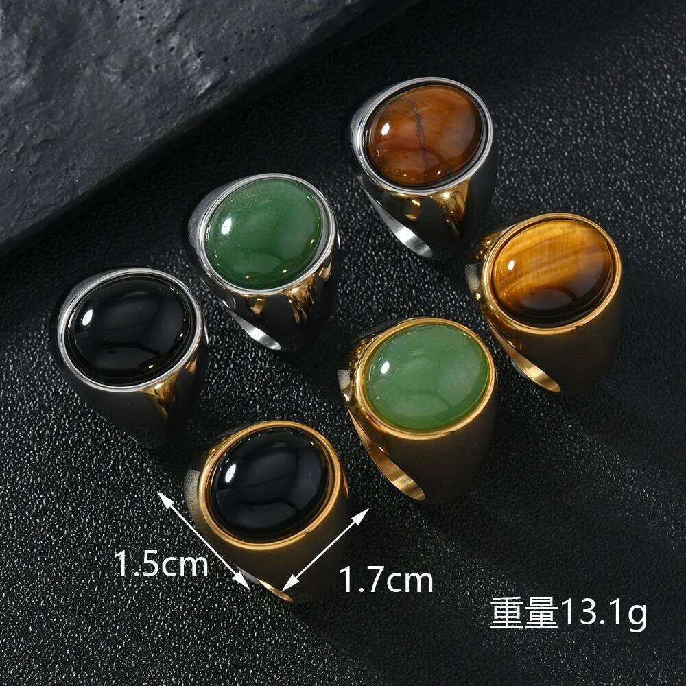 Vintage Men's Women Stainless Steel Oval Natural Stone Opals Rings Wedding Bands