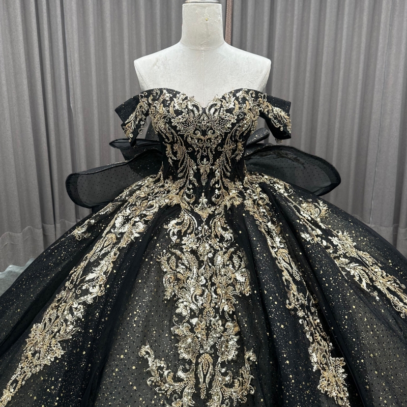 Black Shiny Quinceanera Dresses Off The Shoulder Sequin Applique Lace Bow Beading Crystal Tull Party Birthday Sweet 16 Dress Vestidos 15 De Anos