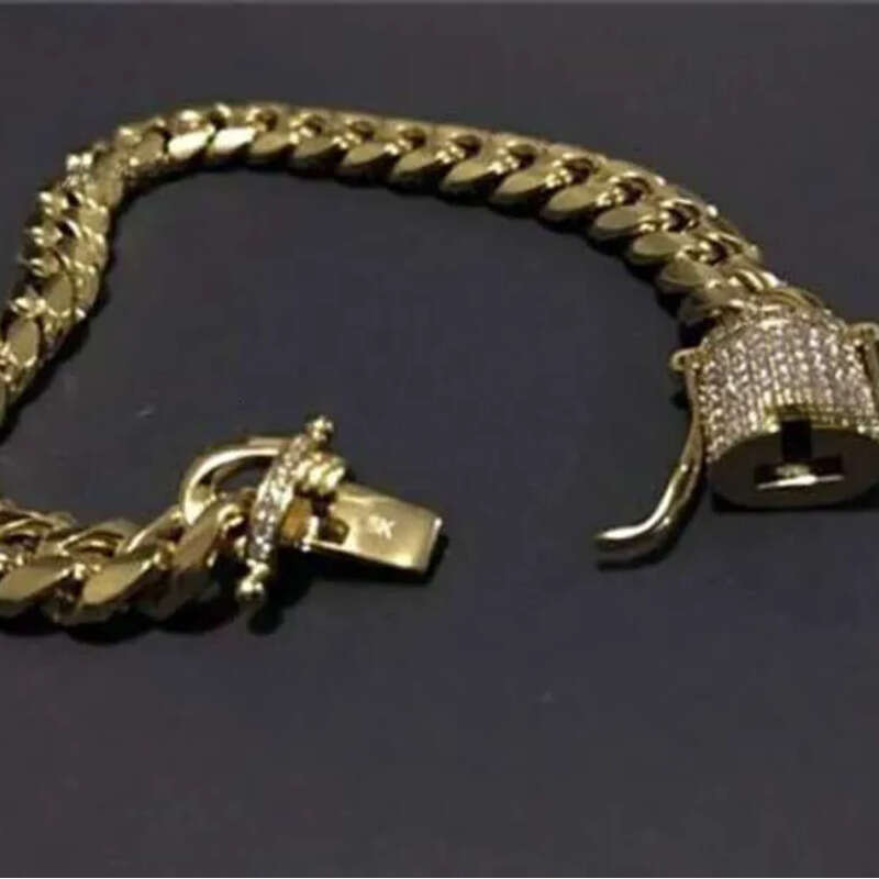Mens Gold Tone 316L Stainless Steel Necklace Curb Cuban k Chain with Dias Clasp Lock 8mm/10mm/12mm/14mm/16mm/18m