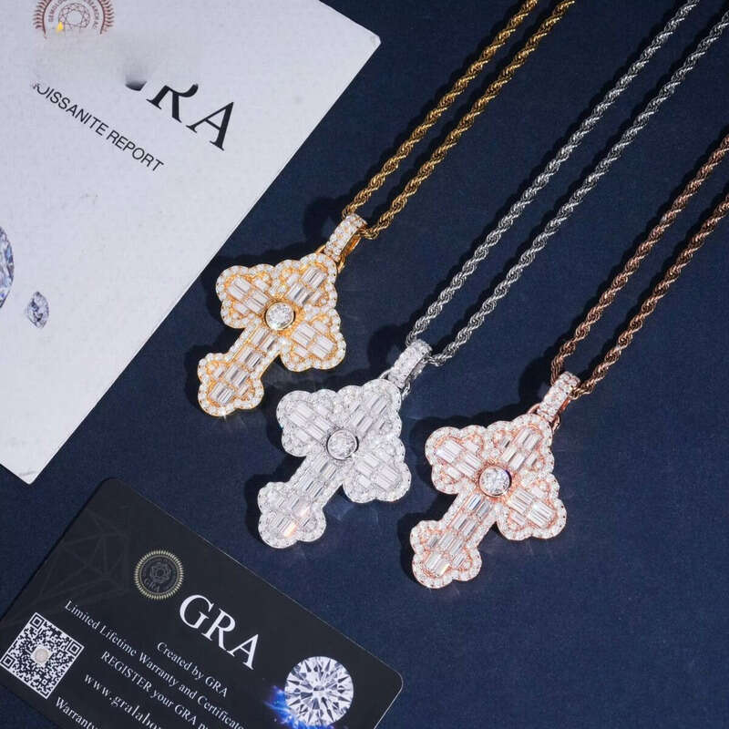 Hip Hop Style Tennis Chain Cross Necklace Sparkling Sterling Sier VVS Moissanite Custom Iced Out Pendant