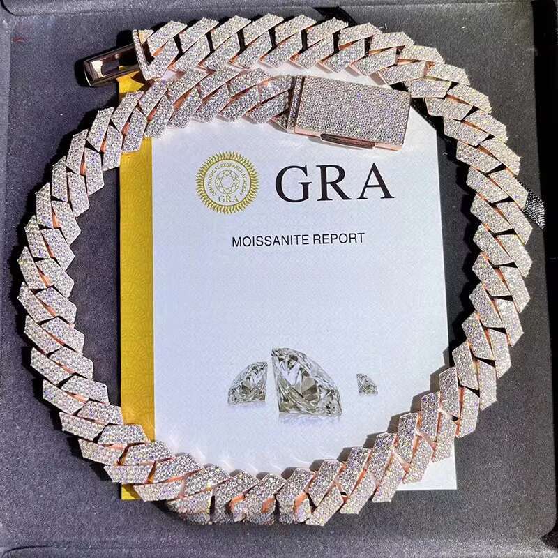 High-End Sier Moissanite Iced Cuban k Chain 18mm Rose Gold Plated VVS Pass Dia Tester Necklace for Gift