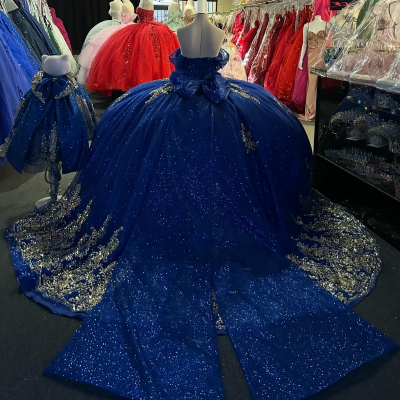 Royal Blue Shiny Quinceanera Dresses Off The Shoulder Gold Applique Lace Bow Beading Crystal Tull Party Birthday Sweet 16 Dress Vestidos 15 De Anos