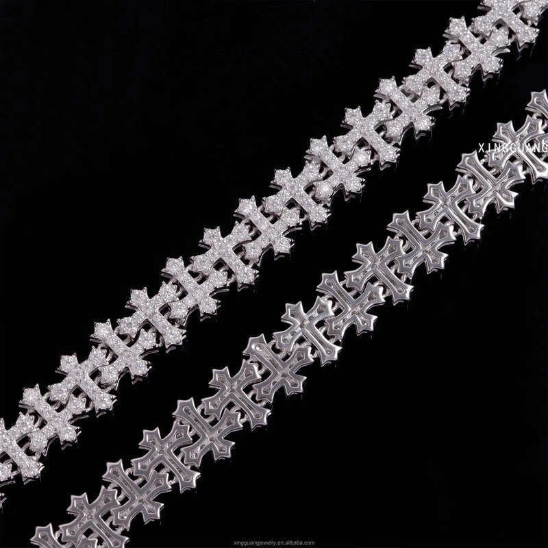 New Design Sterling Sier Gold Plated Link Bracelets Iced Out Vvs Moissanite Full Dia Cross Chain Bracelet