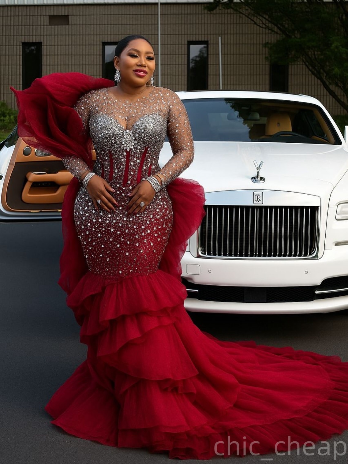 Mermaid Dark Red Prom Dresses 2025 Beaded Crystals Tiers Tulle Evening Formal Party Second Birthday Engagement Gowns Plus Size Dress For Special Occas