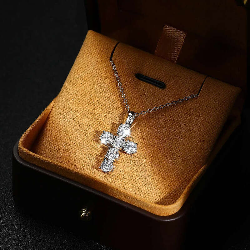 KNOBSPIN 3ct D VVS1 Moissanite Cross Pendant Necklaces for Women Man Sparking Dia with GRA 100% Sterling Sier Necklace