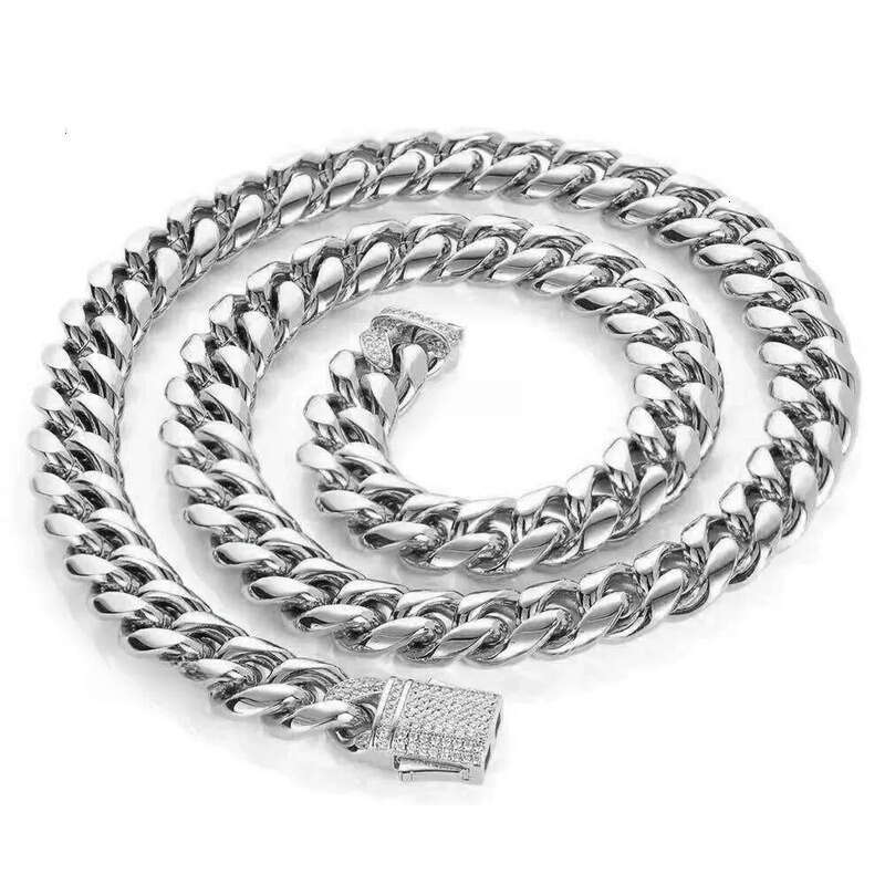 Hip Hop Miami Titanium Steel Mens Nece Bracelet Set with Zircon Spring Buckle Cuban Link Gold Chain Popular Jewelry chains