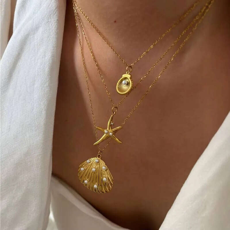 Fenny Wholesale PVD Plated Waterproof Fashion Classic Coean Shell Starfish Pearl Pendant Stainless Steel Necklace for Women