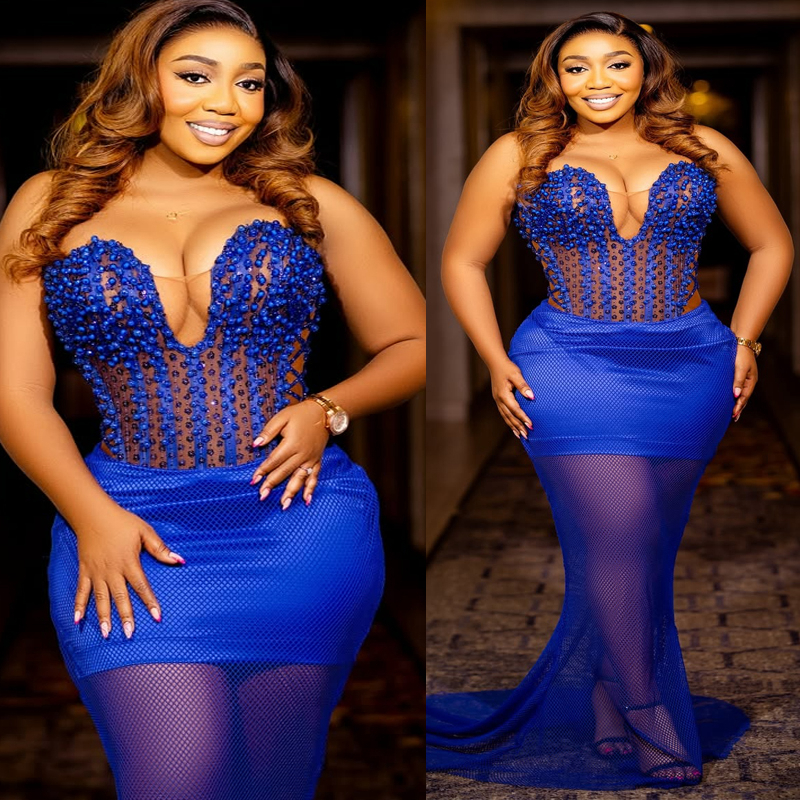 2025 Plus Size Royal Blue Prom Dresses for Black Women Mermaid Formal Dresses Sweetheart Pearls Beaded Lace Illusion Birthday Party Gowns Reception Go