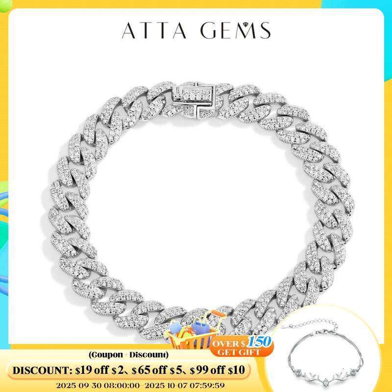ATTAGEMS DVVS1 Full Moissanite Cuba Chain for Man Women Sterling Sier Gold Plated Hip Hop Tennis Bracelet Fine Jewelry
