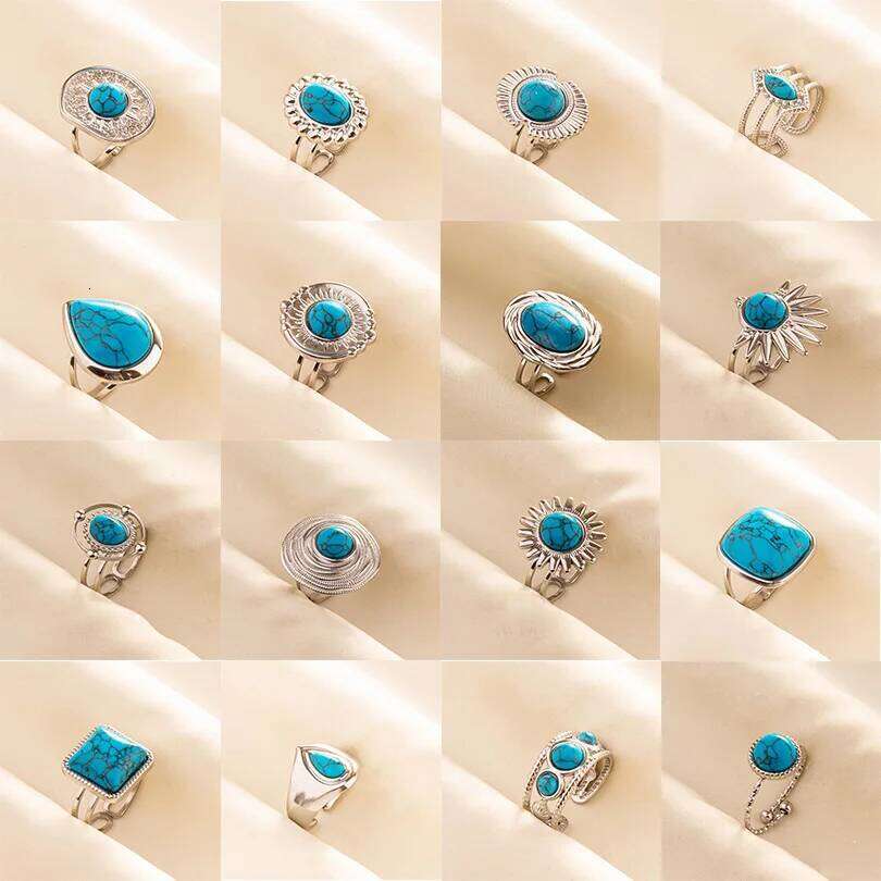 1pc Boho Turquoise Hippie Stainless Steel Blue Gemstone Sier Color Adjustable Ring Women Chunky Rings Bohemian Jewelry