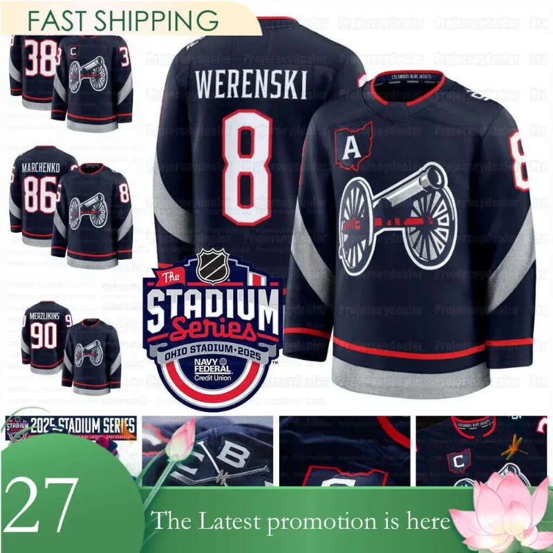 8 Zach Werenski Jackets 2025 Stadium Series Jerseys Johnny Gaudreau Jenner Kirill Marchenko Fantilli Mathieu Olivier Blue Sean Monahan Dmitri Voronkov