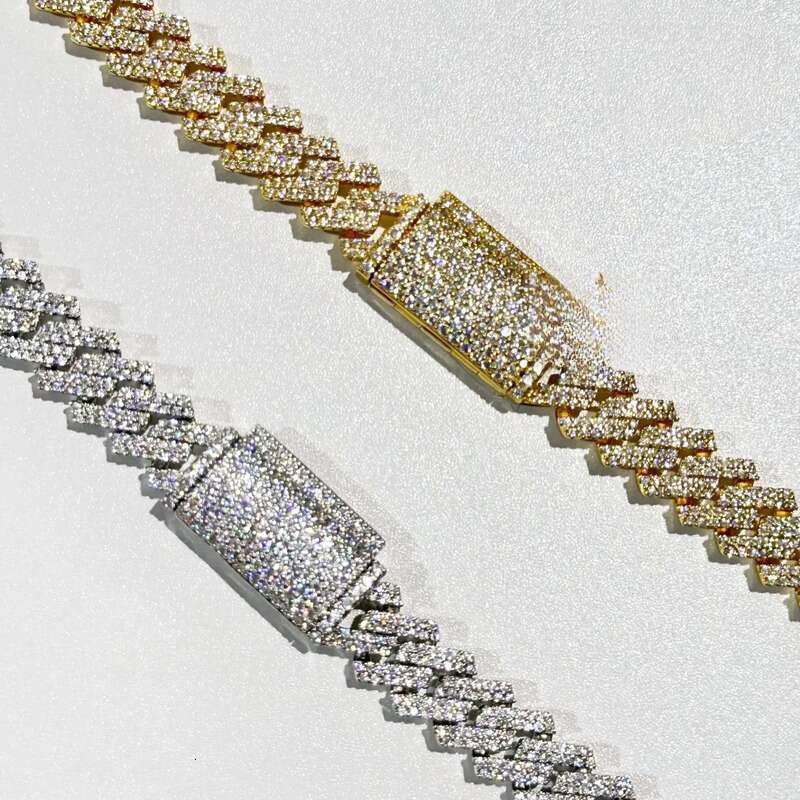 Zuanfa Gold Plated Iced Out Vvs Moissanite Dia Link Chain 10mm Sier Prong Necklace and Cuban Lbracelet