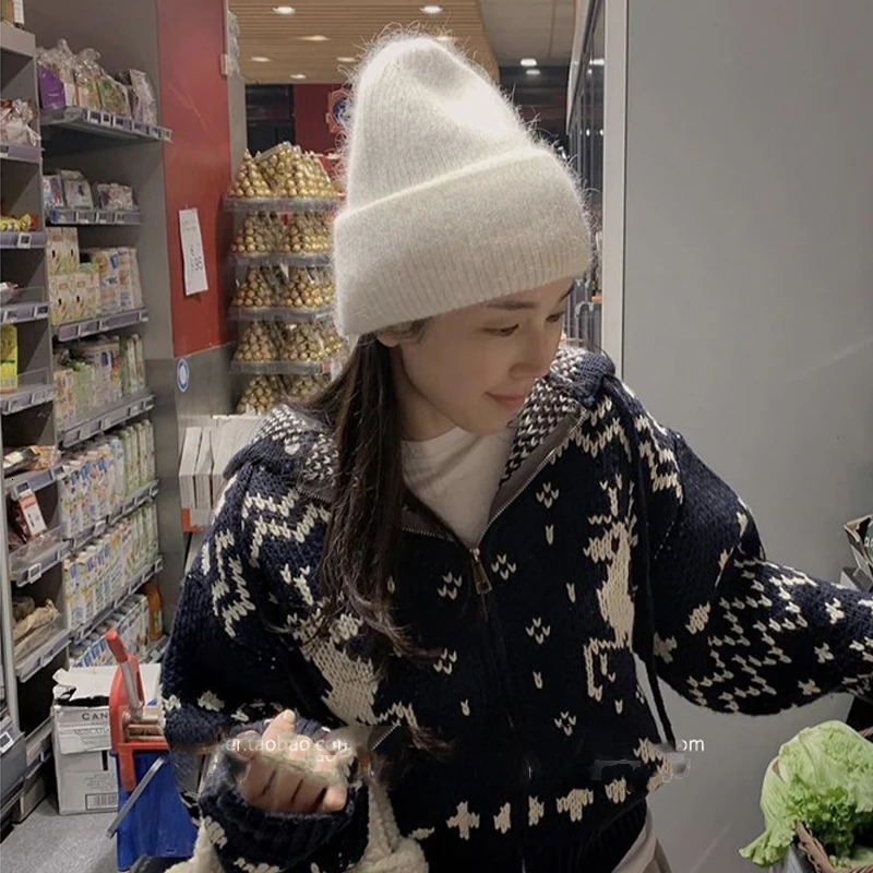 Fluffy Angora Hat Rabbit Fur Warm Winter hat For Womans Cashmere Wool Soft Beanies Blue Knitted Hat Outdoor Ski Female 250930