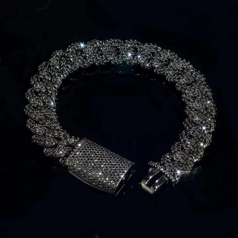 New Design 14MM Black Moissanite Cuban Chain Necklace High Quality Round Brilliant Cut Dia Sier Link Bracelet