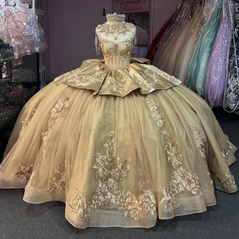 Champagne Shiny Quinceanera Dresses Off The Shoulder Applique Lace Bow Beading Crystal Tull Party Birthday Sweet 16 Dress Vestidos 15 De Anos