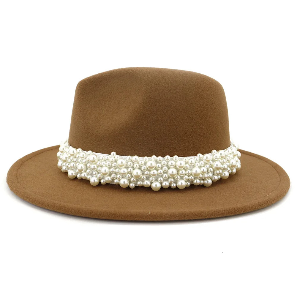 Jazz Fedora Hats with Pearls Band Women White Felted Top Cap Trendy Wide Brim Church Party Female Dress Hat Outdoor Sunhat 250930