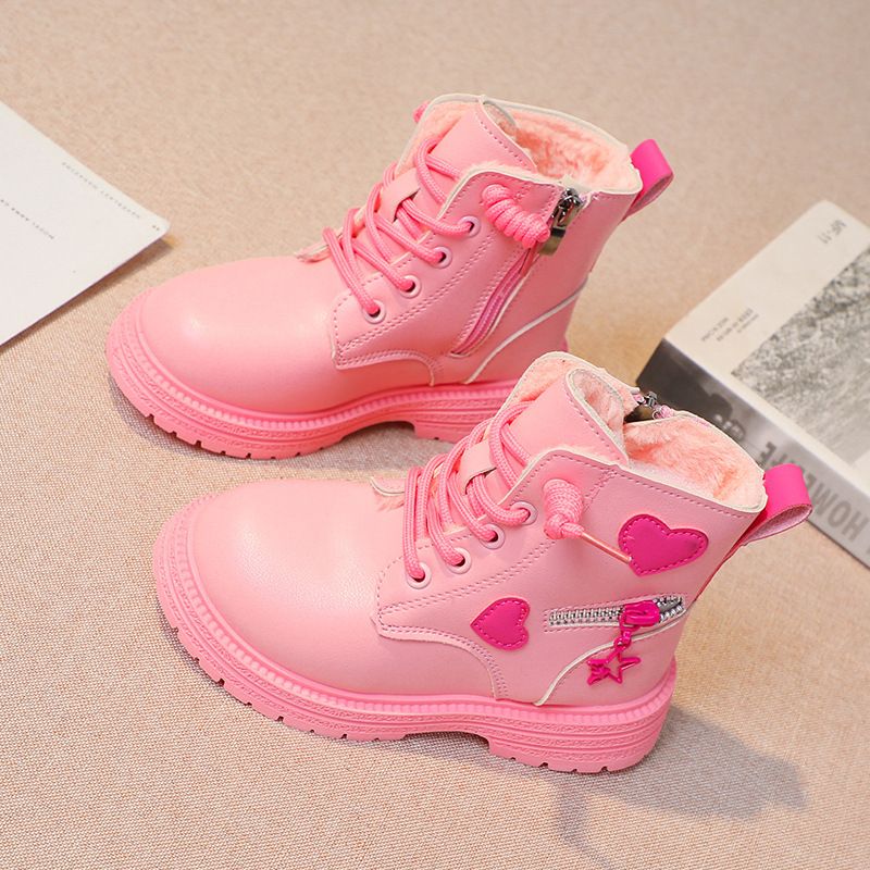 Girls Ankle Boots Fashion Princess Kids PU Leather Rubber Outsole Toddler Children's Short Boots Autumn Winter Zipper Pink with Love Heart Sizes 