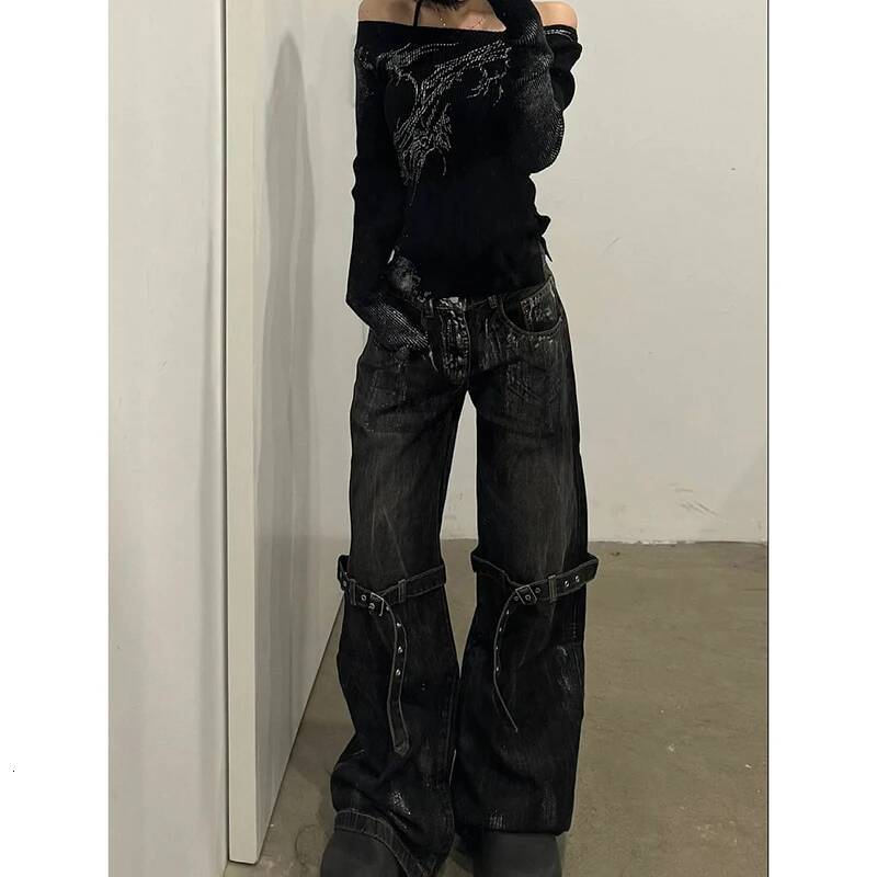 Black Women's Jeans High Waist Hip Hop Straight Fashion Pants Streetwear Haruku Y2K Star 2024 Female Wide Leg Denim Trouser dongdumaoyi