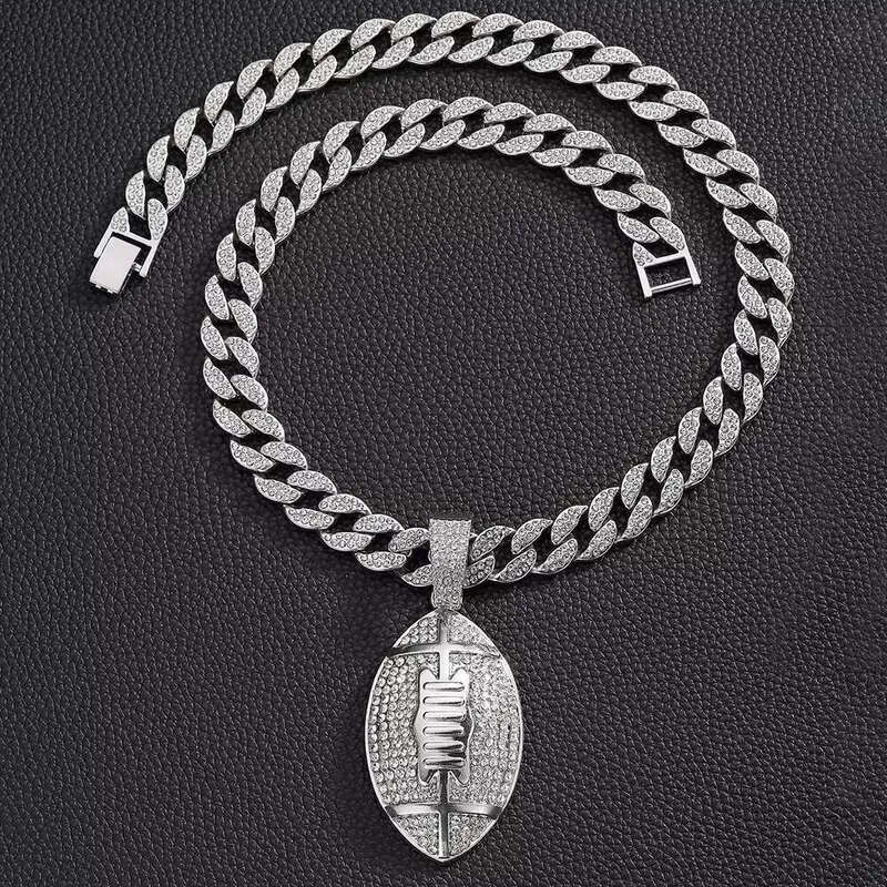 DHcollections Men's Hip Hop 15mm Miami Chain With Alloy And Rhie Dias Rugby Pendant Necklace