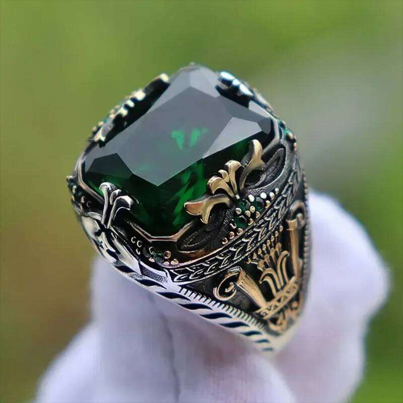 Retro Handmade Turkish Signet Rings for Men Ancient Sier Color Carved Mystic Zircon Inlay New Punk Motor Biker Ring