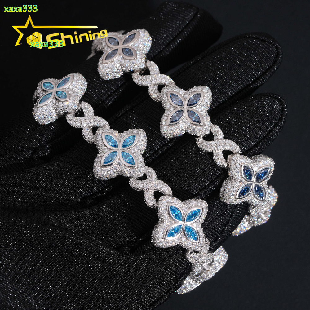 Hip Hop Jewelry 925 Silver 18mm VVS Blue Moissanite Clover Bracelet Custom Iced Out Moissanite Bracelet for Men Women