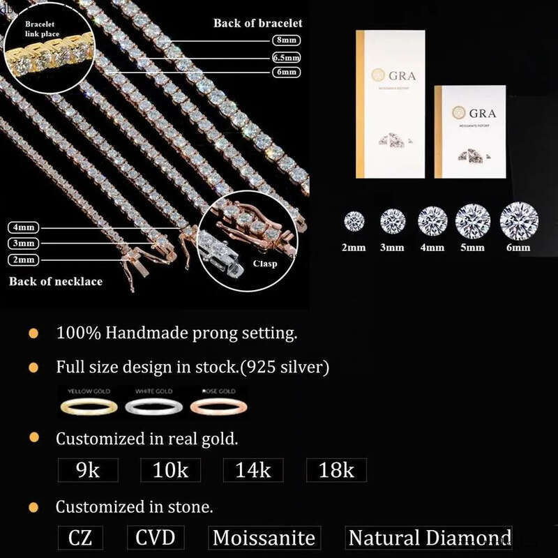 Iced Out D Color VVS Sterling Sier 2MM 3MM 4MM 5MM 6.5MM Moissanite Dia Necklace Tennis Chain For Men Women