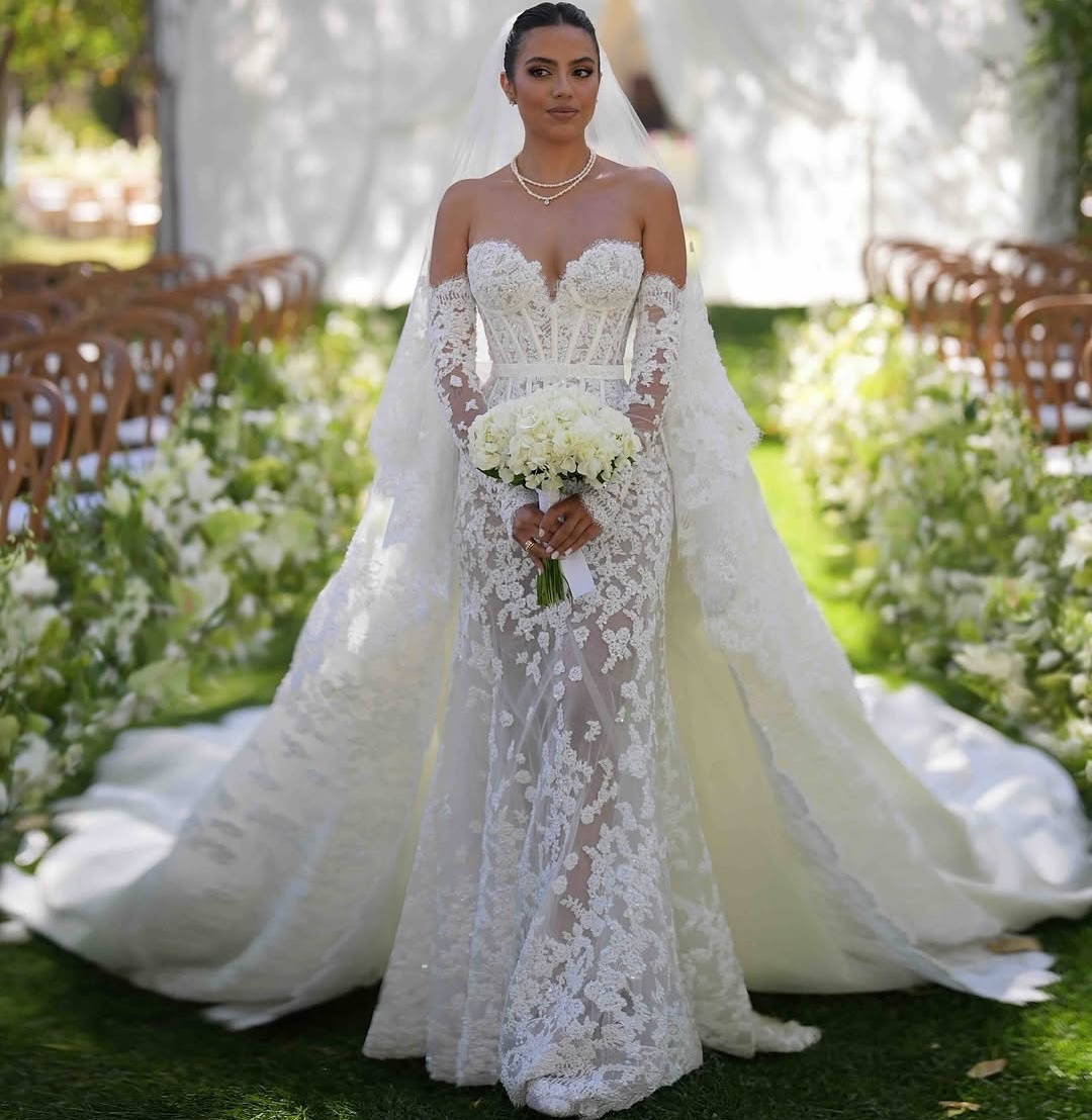 2025 Aso Ebi Plus Size Ivory Mermaid Wedding Dress Sweetheart Long Sleeves Detachable Train Vintage Bridal Gowns Dresses robe de mariee ZHJ046