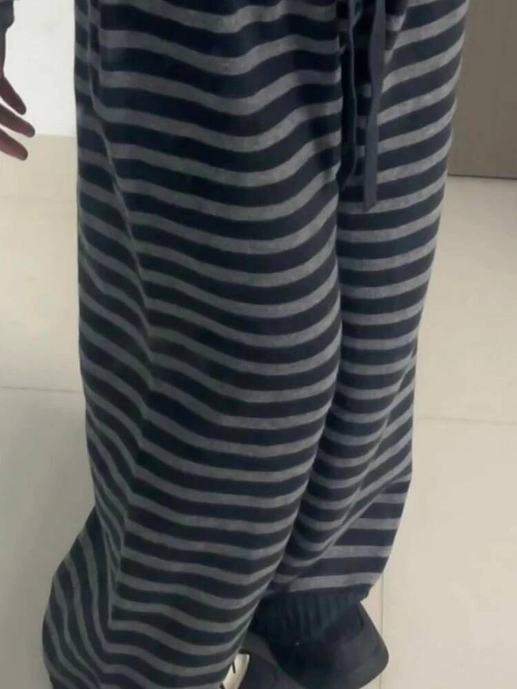 Contrast Color Stripe Wide Leg Trousers Vintage Grunge Loose Knitted Casual Pant Y2k Aesthetic Women Straight Pants dongdumaoyi