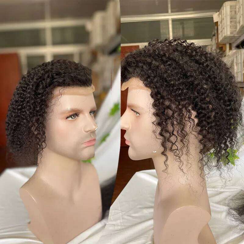 Toupee for Men Mono with PU Around Lace Systems Kinky Curly Wigs, Long Human Hair Natural Color 8x10''12inch