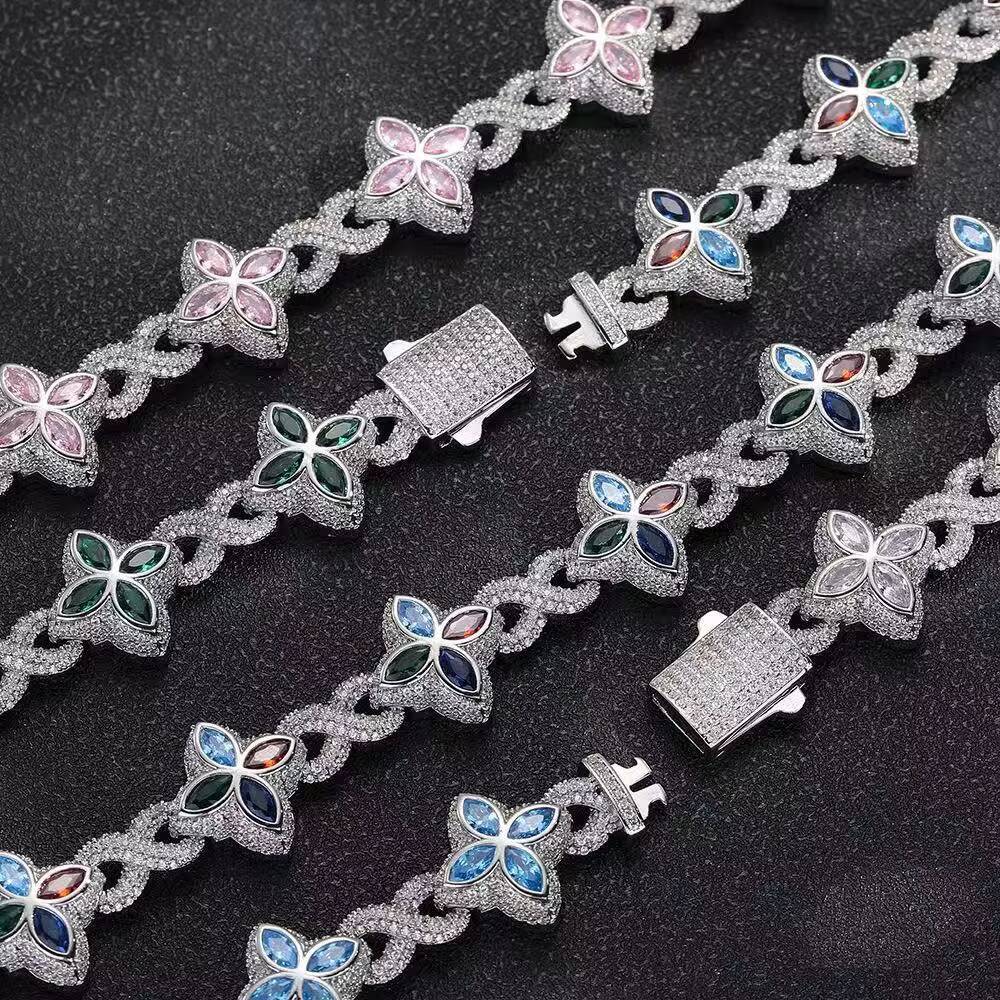 Hip-hop rap infinite four-leaf clover bracelet fashion cool high-end 5A diamond color hand jewelry necklace