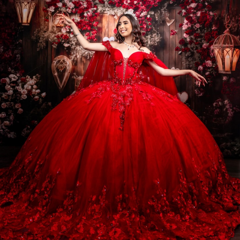 Red Quinceanera Dresses Off The Shoulder Applique Bow Beading Crystal Tull With Cape Party Birthday Sweet 16 Dress Vestidos 15 De Anos