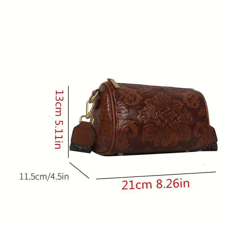 Retro Flower Emed Cylinder Bag, Classic Textured Zipper Crossbody Purse, With Wide Geometric Pattern Strap Barrel Bag
