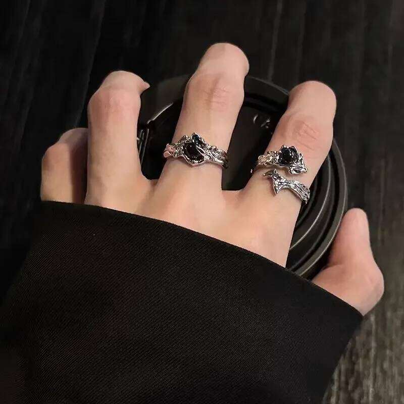 Gothic Irregular Gemstone Aesthetic Girls Adjustable Black Stone Women's Liquid Punk Ring Vintage Jewelry Accessories