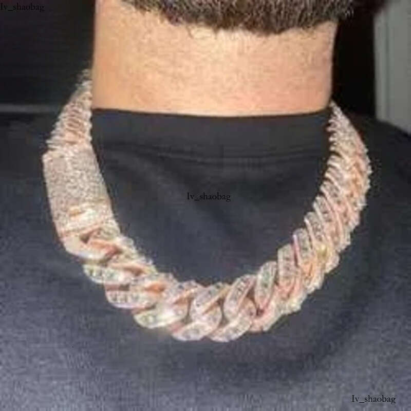 Rappers 24mm Iced Out Rose Gold Emerald Cut Moissanite Cuban Link Mens Hip Hop Miami Chain