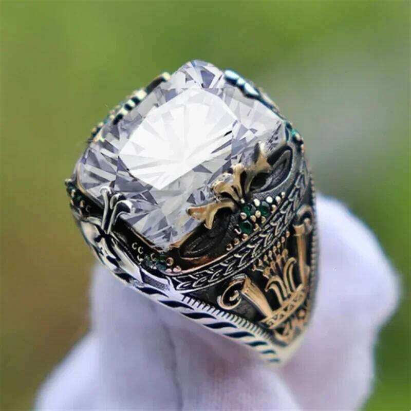 Retro Handmade Turkish Signet Rings for Men Ancient Sier Color Carved Mystic Zircon Inlay New Punk Motor Biker Ring
