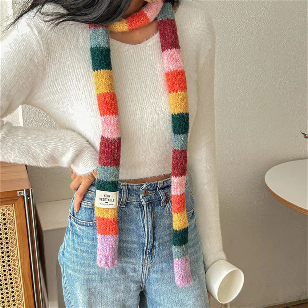 Women Rainbow Stripe Knitted Scarf Patchwork Clashing Colors Long Soft Scarves Female Winter Premium Feeling Weenie Scarf Shawl 250930