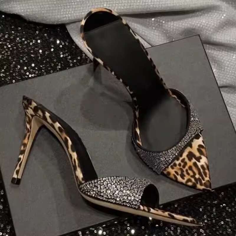 Leopard Print Sexy Rhinestone Ultra heel Sandals 2025 New Pointed Toe Stiletto Designer Shoe High heels for Women