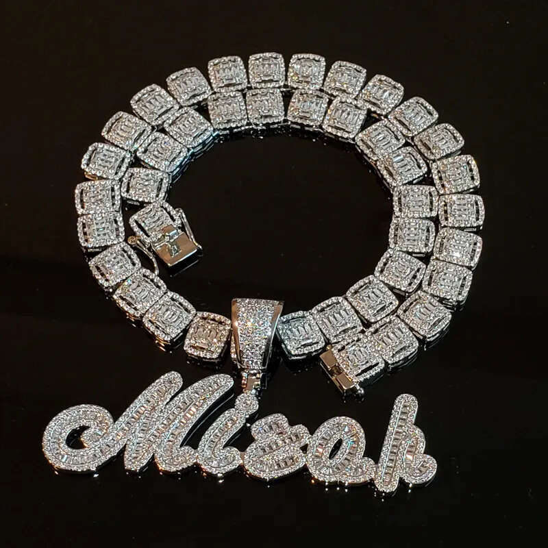 necklace moissanite chain Custom Brush Cursive Iced Out Letter Pendant Name Necklace Baguettes Chain Micro Paved CZ Personalized Hiphop Jewelry
