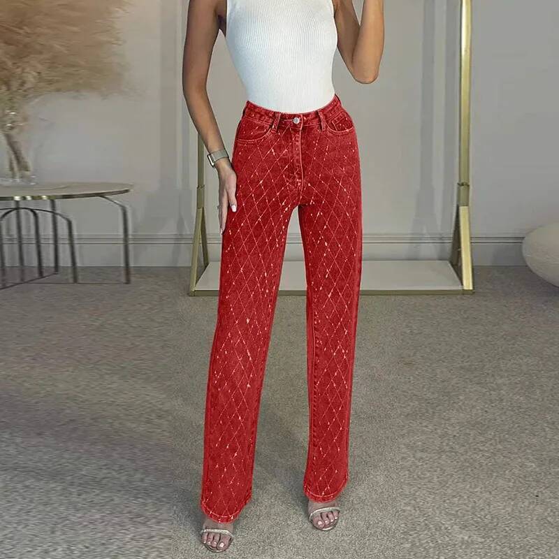 Dia-shaped Rhinestones Woman's Denim Shiny Dia Straight Jeans for Women Rise Trousers Y2k High Street Pants dongdumaoyi