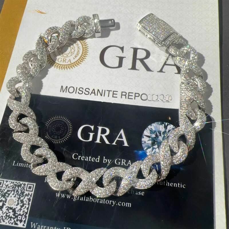 New Arrivals 10mm Width Solid Sier Iced Out Hip Hop Jewelry VVS1Moissanite Dia Franco Cuban Link Infinity Bracelet Men