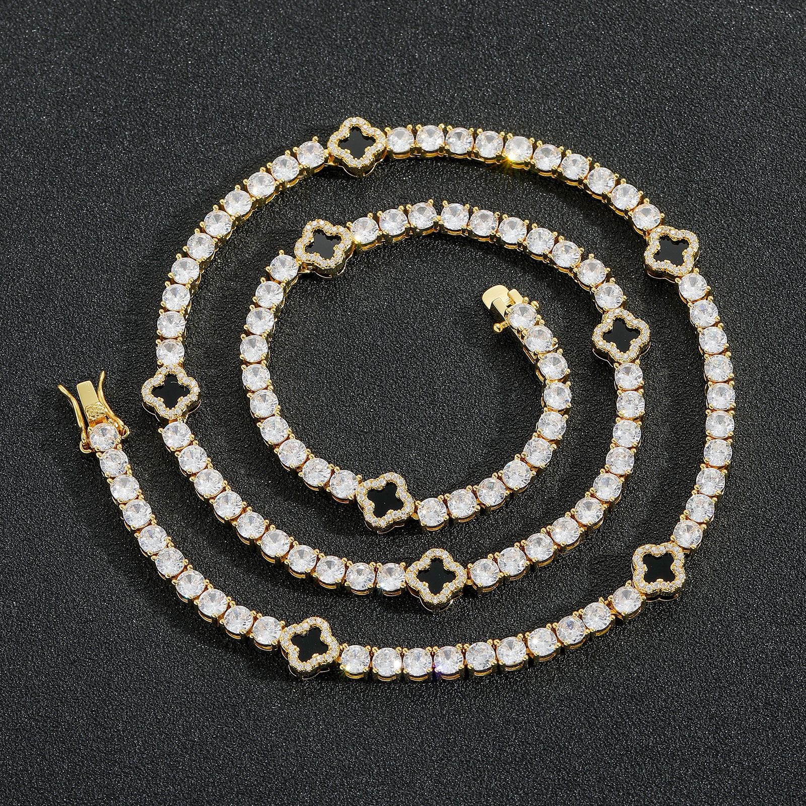 Accept Customized Natural Clover Black Agate White Gold Plated Tennis Chain Necklace Moissanite Silver Chains Jewelry Necklace