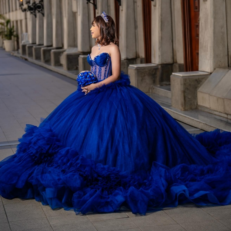 Royal Blue Quinceanera Dresses Off The Shoulder Beading Crystal Tiered Tull Party Birthday Sweet 16 Dress Vestidos 15 De Anos