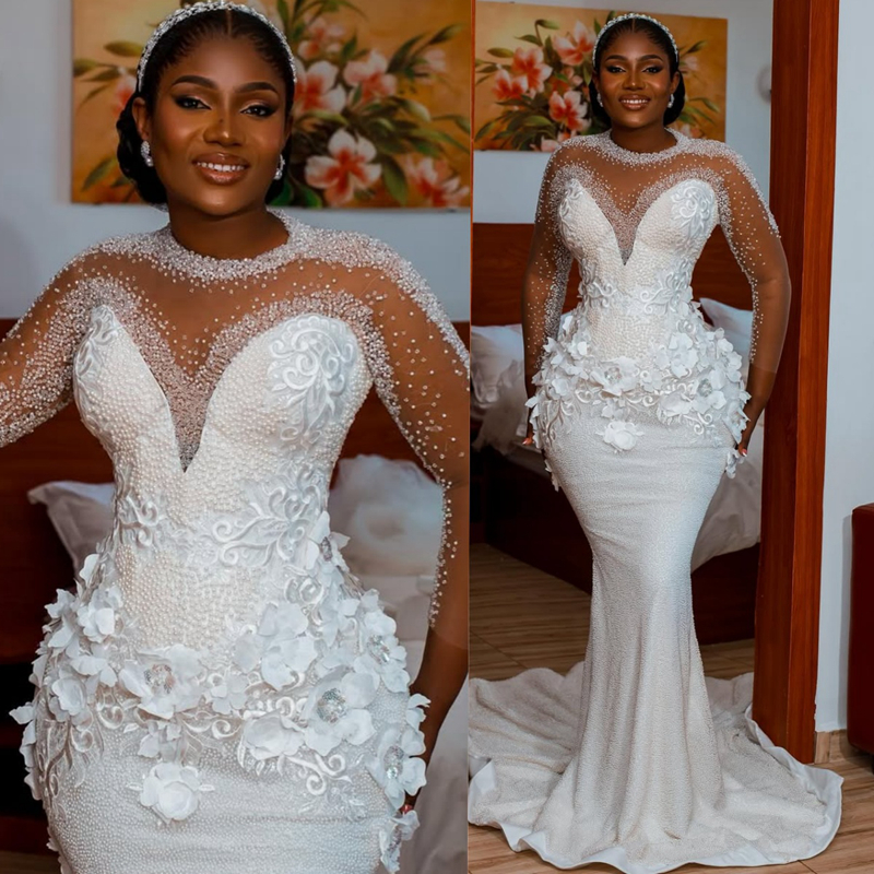 2025 African Wedding Dress Bridal Gowns For Bride Mermaid Illusion Sheer Neck Long Sleeves Appliqued Beaded Lace Detachable Train Wedding Gown For Wom