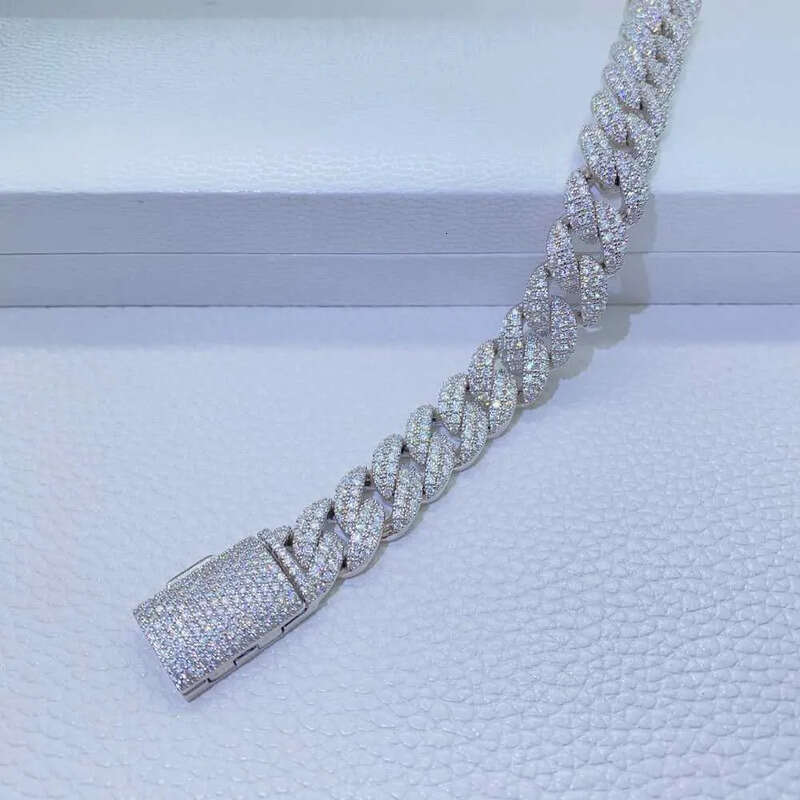 12mm 2 Rows Micro Paved D VVS Lab Dia Link Chain Iced Out Sier Moissanite Cuban Bracelet